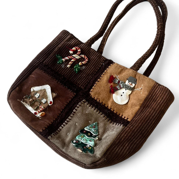 Capello Straworld Brown corduroy holiday Christmas tote bag - Picture 1 of 8